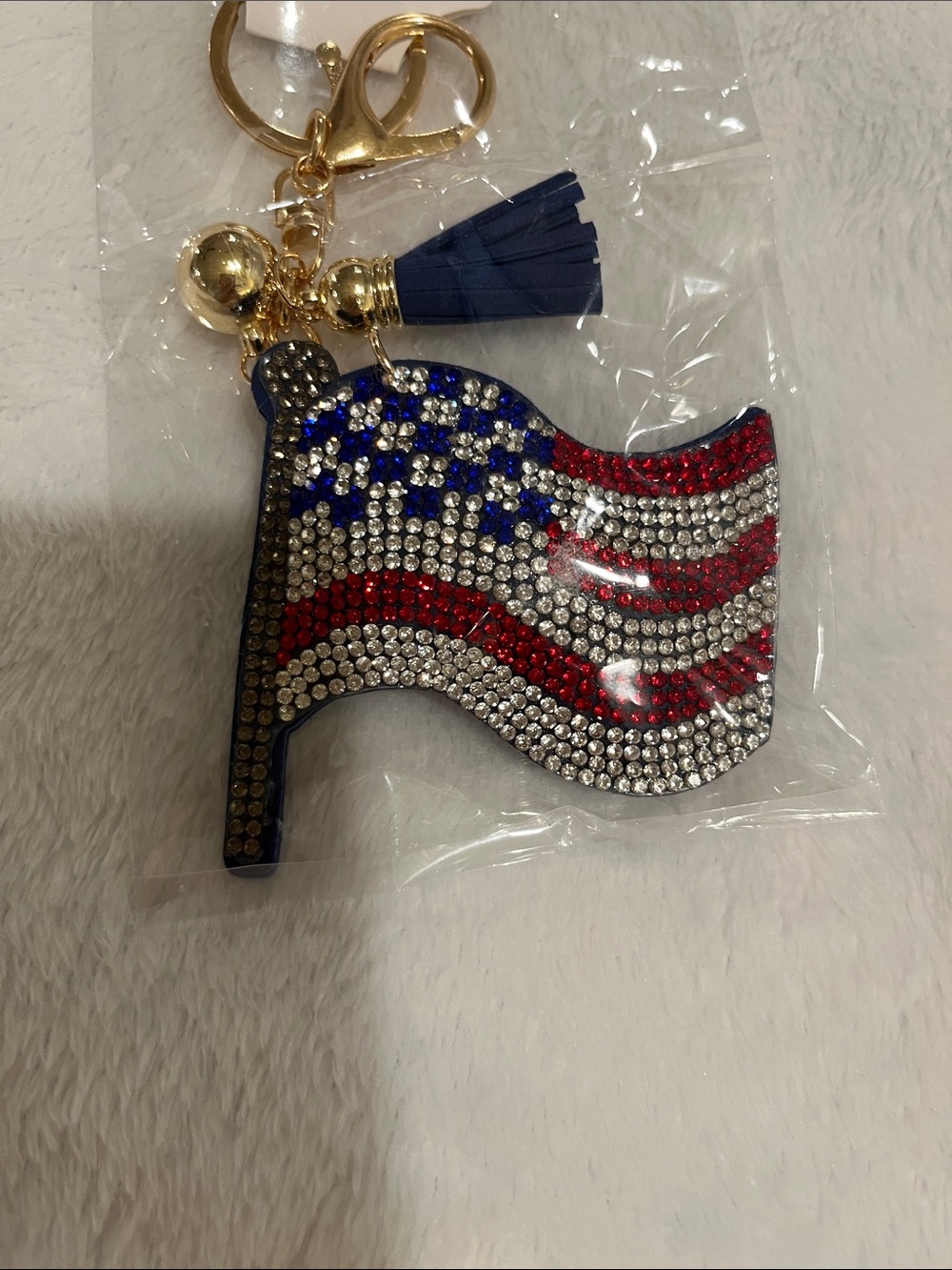 Rhinestone American Flag Key & Card Holder Charm with Navy Tassel